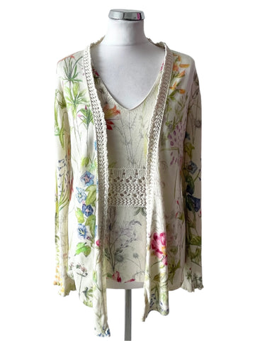 MARCCAIN CREAM FLORAL PRINT SILK & CASHMERE FINE KNIT SLEEVELESS TOP & CARDIGAN SIZE N3 UK 12/14