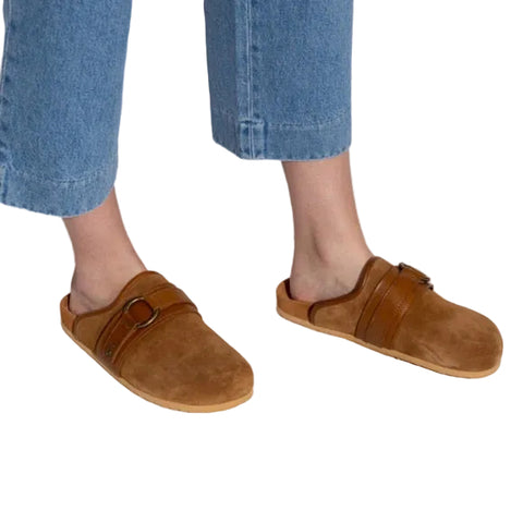 SEE BY CHLOE GEMA TAN SUEDE & LEATHER BRASS RING STRAP SLIP ON MULES SIZE 5/38