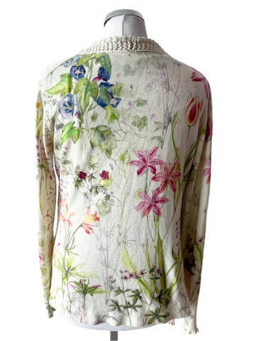 MARCCAIN CREAM FLORAL PRINT SILK & CASHMERE FINE KNIT SLEEVELESS TOP & CARDIGAN SIZE N3 UK 12/14
