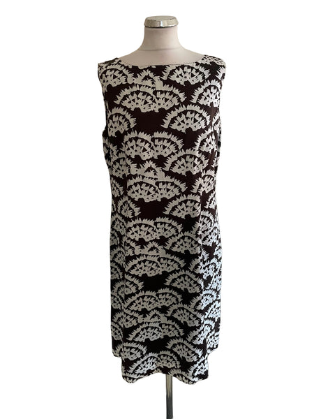 MONSOON BROWN &amp; WHITE PRINT SLEEVELESS SHIFT DRESS  SIZE 16