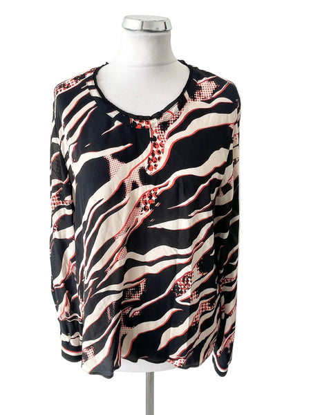 MARCCAIN BLACK, IVORY & ORANGE PRINT LONG SLEEVE TOP SIZE 14/16