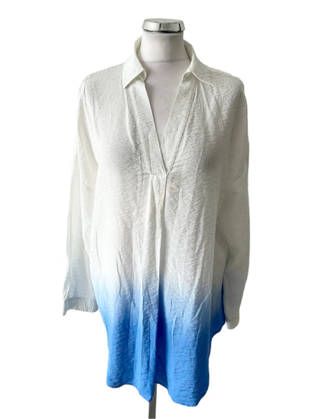 MINT VELVET WHITE & BLUE COLLARED LONG SLEEVE TUNIC TOP  SIZE M
