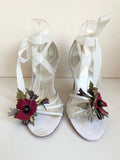 KAREN MILLEN WHITE LEATHER RED POPPY TRIM WEDGE HEEL SANDALS SIZE 5/38