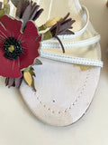 KAREN MILLEN WHITE LEATHER RED POPPY TRIM WEDGE HEEL SANDALS SIZE 5/38