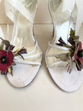 KAREN MILLEN WHITE LEATHER RED POPPY TRIM WEDGE HEEL SANDALS SIZE 5/38