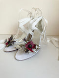 KAREN MILLEN WHITE LEATHER RED POPPY TRIM WEDGE HEEL SANDALS SIZE 5/38