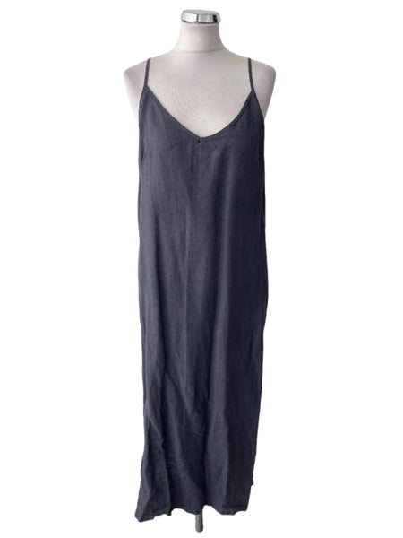 NICOLE FARHI DARK GREY PURE LINEN FINE STRAP MIDI DRESS SIZE 14