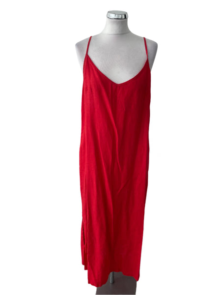 NICOLE FARHI CORAL PURE LINEN FINE STRAP MIDI DRESS  SIZE 14