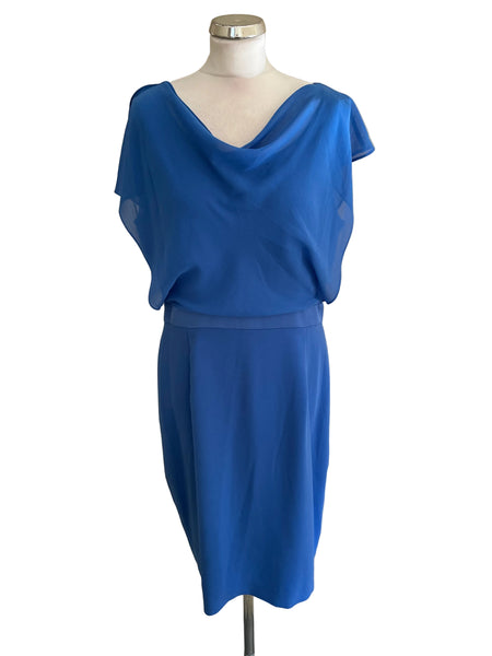 FENN WRIGHT MANSON BLUE DRAPED OVERLAY BODICE PENCIL DRESS SIZE 16