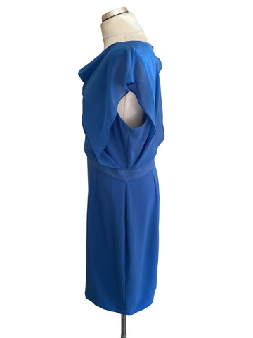 FENN WRIGHT MANSON BLUE DRAPED OVERLAY BODICE PENCIL DRESS SIZE 16