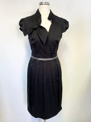 DESIGNER SUZANNAH LONDON BLACK BOW TRIM CAP SLEEVED PLEATED DRESS SIZE 8