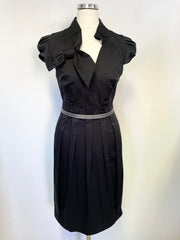DESIGNER SUZANNAH LONDON BLACK BOW TRIM CAP SLEEVED PLEATED DRESS SIZE 8