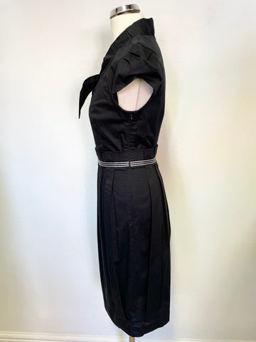 DESIGNER SUZANNAH LONDON BLACK BOW TRIM CAP SLEEVED PLEATED DRESS SIZE 8