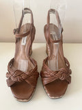 DUNE TAN LEATHER WEDGE HEEL STRAPPY SANDALS SIZE 5/38