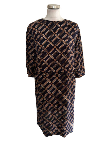 HOBBS NAVY BLUE & TAN PRINT HALF SLEEVE SHIFT DRESS SIZE 12