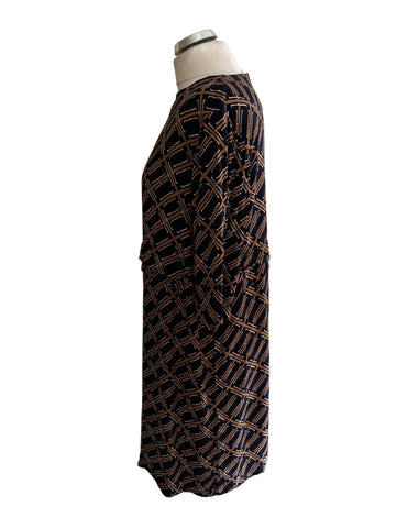 HOBBS NAVY BLUE & TAN PRINT HALF SLEEVE SHIFT DRESS SIZE 12