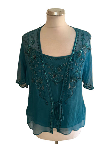 COUNTRY CASUALS JADE GREEN SILK EMBELLISHED CAMISOLE & FRONT TIE TOP SIZE 10