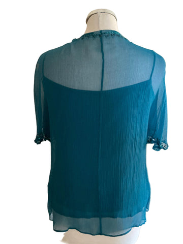 COUNTRY CASUALS JADE GREEN SILK EMBELLISHED CAMISOLE & FRONT TIE TOP SIZE 10