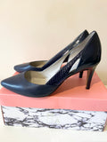 REISS NAVY BLUE PATENT & LEATHER CUT OUT SIDE HEELS SIZE 7/40