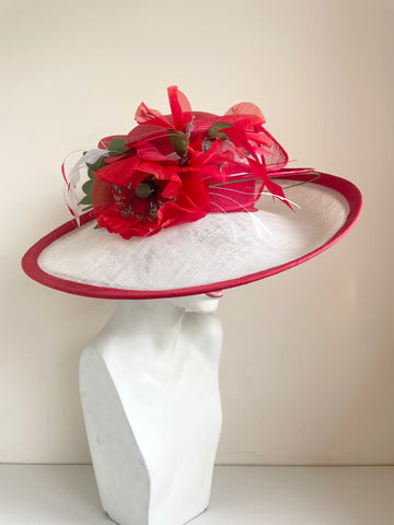 ROYAL ASCOT RED & WHITE FLOWER ,FEATHER & COIL TRIM WIDE BRIM FORMAL HAT