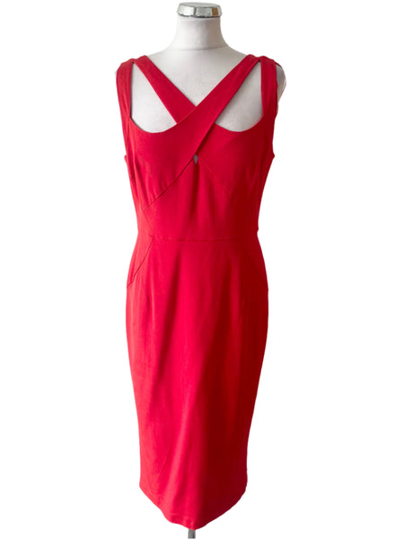 PER UNA SPEZIALE DAKOTA RED CUT AWAY TOP MIDI PENCIL DRESS SIZE 14