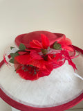ROYAL ASCOT RED & WHITE FLOWER ,FEATHER & COIL TRIM WIDE BRIM FORMAL HAT
