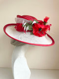 ROYAL ASCOT RED & WHITE FLOWER ,FEATHER & COIL TRIM WIDE BRIM FORMAL HAT