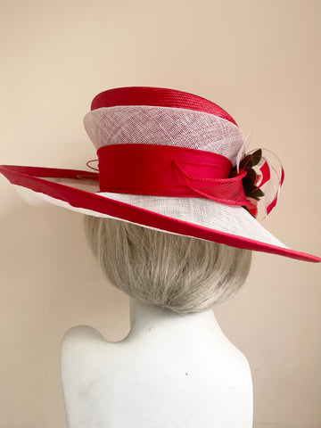 ROYAL ASCOT RED & WHITE FLOWER ,FEATHER & COIL TRIM WIDE BRIM FORMAL HAT