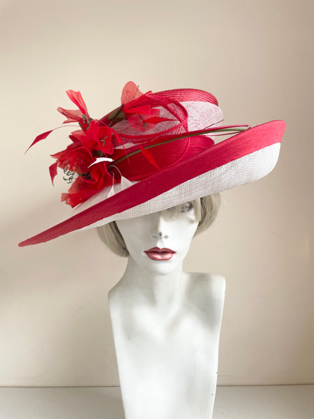 ROYAL ASCOT RED & WHITE FLOWER ,FEATHER & COIL TRIM WIDE BRIM FORMAL HAT