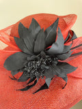 ROYAL ASCOT ORANGE & BLACK FLOWER,BOW & COIL TRIM WIDE BRIM FORMAL HAT