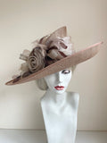 ROSE BELINDA GOLD,BEIGE,BROWN & CREAM FLOWER AND FEATHER TRIM WIDE BRIM FORMAL HAT