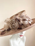 ROSE BELINDA GOLD,BEIGE,BROWN & CREAM FLOWER AND FEATHER TRIM WIDE BRIM FORMAL HAT