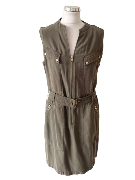 KAREN MILLEN KHAKI GREEN ZIP FRONT SLEEVELESS BELTED DRESS  SIZE 14