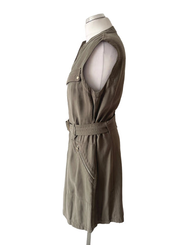 KAREN MILLEN KHAKI GREEN ZIP FRONT SLEEVELESS BELTED DRESS  SIZE 14