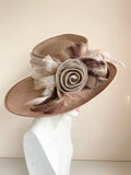 ROSE BELINDA GOLD,BEIGE,BROWN & CREAM FLOWER AND FEATHER TRIM WIDE BRIM FORMAL HAT