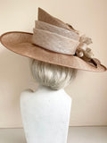 ROSE BELINDA GOLD,BEIGE,BROWN & CREAM FLOWER AND FEATHER TRIM WIDE BRIM FORMAL HAT