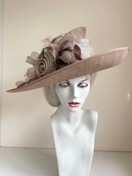 ROSE BELINDA GOLD,BEIGE,BROWN & CREAM FLOWER AND FEATHER TRIM WIDE BRIM FORMAL HAT