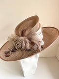 ROSE BELINDA GOLD,BEIGE,BROWN & CREAM FLOWER AND FEATHER TRIM WIDE BRIM FORMAL HAT