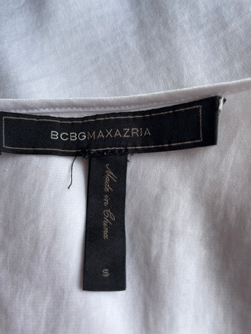 BCBGMAXAZRIA WHITE & BLACK TRIMMED SLEEVELESS ASYMMETRIC TUNIC TOP SIZE S