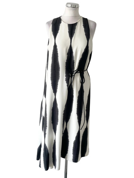WHISTLES BLACK & IVORY PRINT SLEEVELESS MAXI BELTED DRESS  SIZE 14