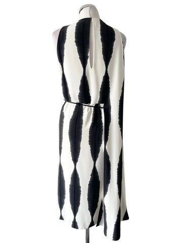 WHISTLES BLACK & IVORY PRINT SLEEVELESS MAXI BELTED DRESS  SIZE 14