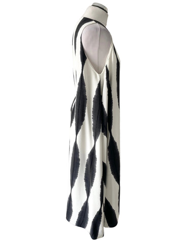 WHISTLES BLACK & IVORY PRINT SLEEVELESS MAXI BELTED DRESS  SIZE 14