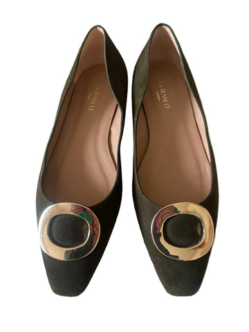 LK BENNETT DARK GREEN SUEDE & GOLD METAL TRIM FLATS SIZE 5/38
