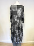 UNBRANDED GREY & WHITE CHECK STRETCH JERSEY 3/4 SLEEVE GATHERED SIDE MIDI DRESS SIZE L