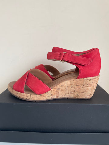 CLARKS CORAL RED LEATHER WEDGE HEEL SANDALS SIZE 4/37 WIDE FIT