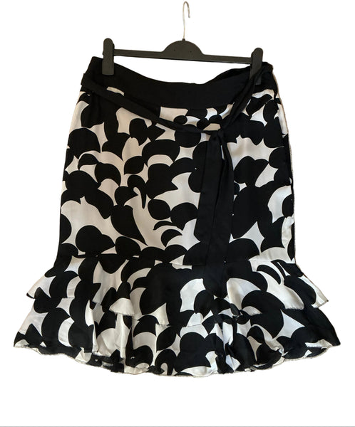 BRAND NEW JAEGER 100% SILK BLACK & WHITE PRINT FRILLED A- LINE SKIRT SIZE 14