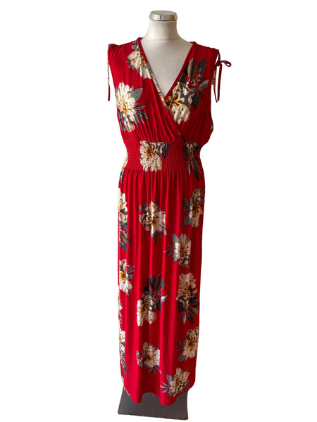 STUDIO RED FLORAL PRINT V NECK SLEEVELESS MAXI DRESS SIZE 16/18