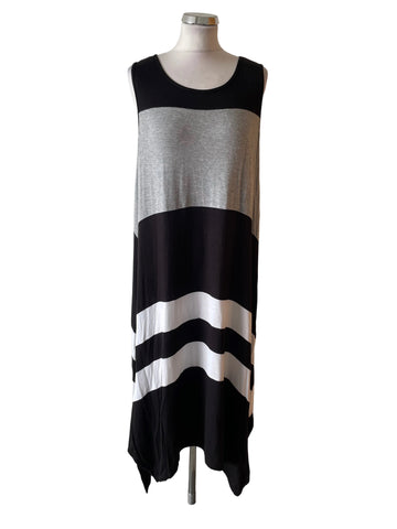 DKNY BLACK, GREY & WHITE COLOURBLOCK STRIPE JERSEY ASYMMETRIC SLEEVELESS A-LINE MAXI DRESS  SIZE L