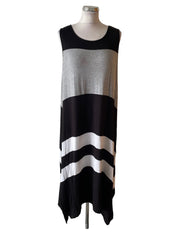 DKNY BLACK, GREY & WHITE COLOURBLOCK STRIPE JERSEY ASYMMETRIC SLEEVELESS A-LINE MAXI DRESS  SIZE L