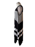 DKNY BLACK, GREY & WHITE COLOURBLOCK STRIPE JERSEY ASYMMETRIC SLEEVELESS A-LINE MAXI DRESS  SIZE L